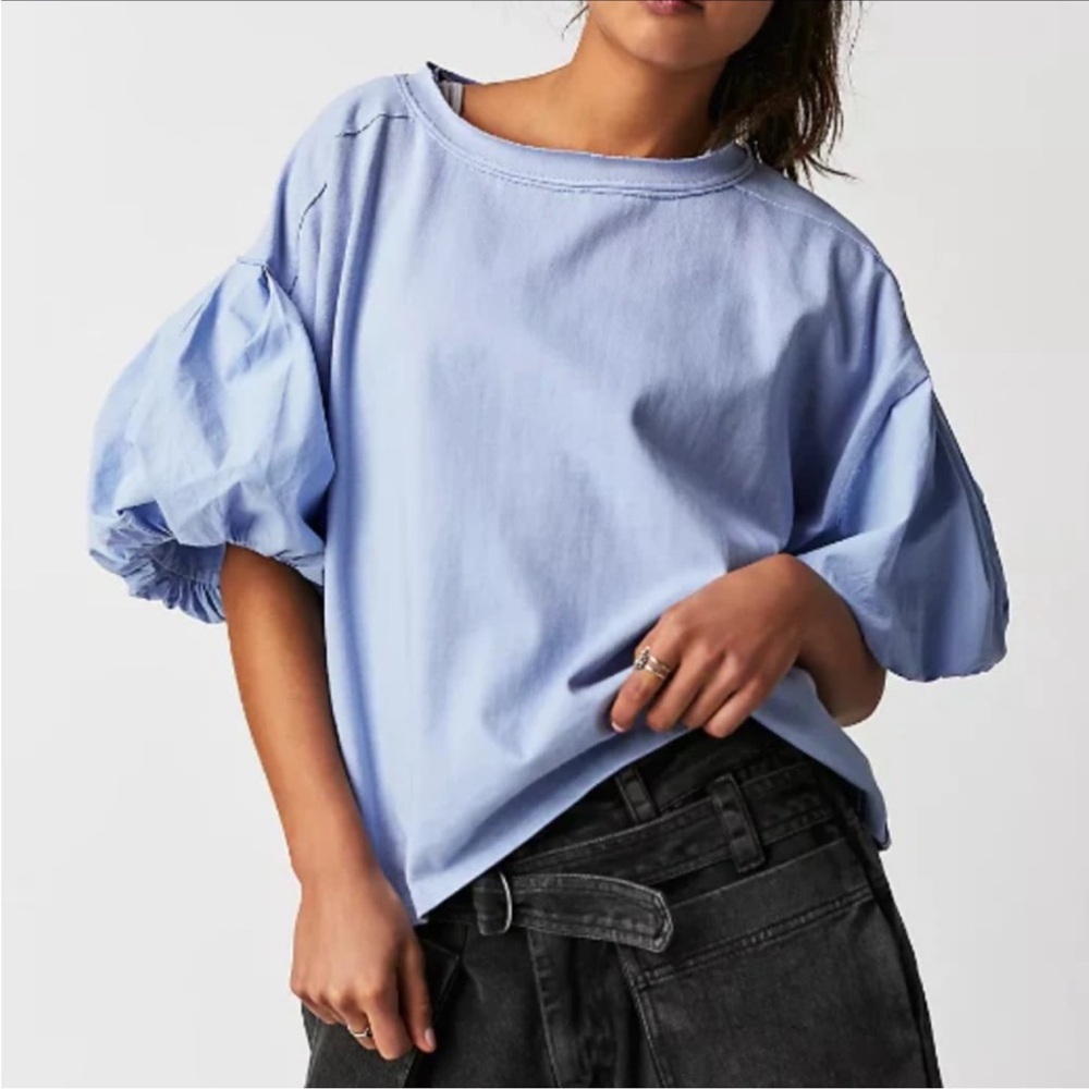 We the Free Women’s Blossom Puff Sleeve Tee Top Blue Size Large Crop Oversized